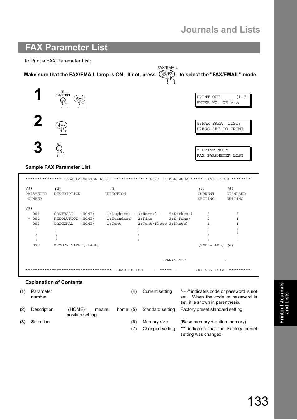 Fax parameter list, Journals and lists | Panasonic DIGITAL IMAGING SYSTEM DP-1810F User Manual | Page 133 / 155