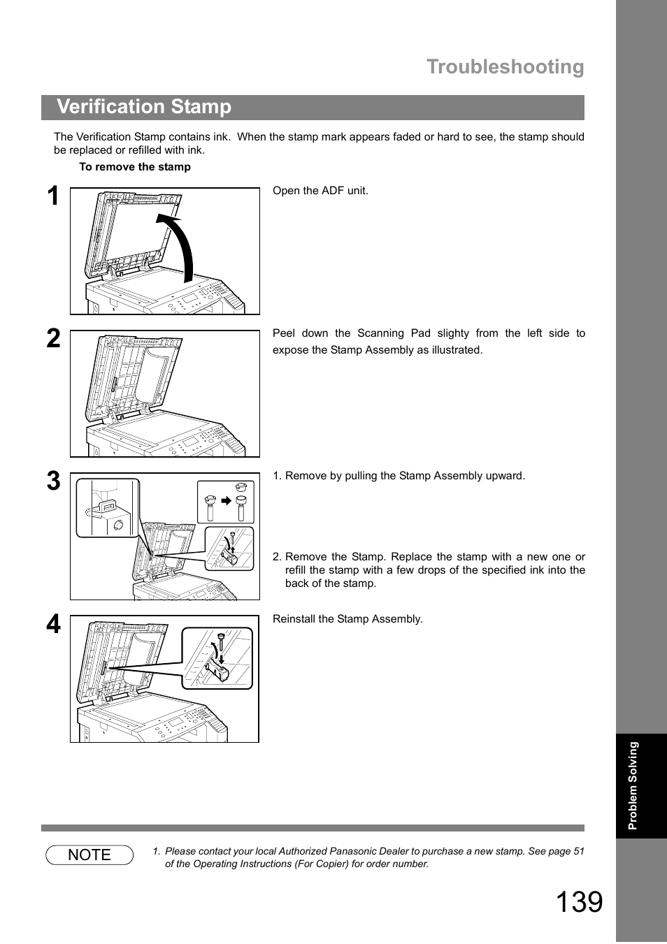 Verification stamp, Troubleshooting | Panasonic DIGITAL IMAGING SYSTEM DP-1810F User Manual | Page 139 / 155