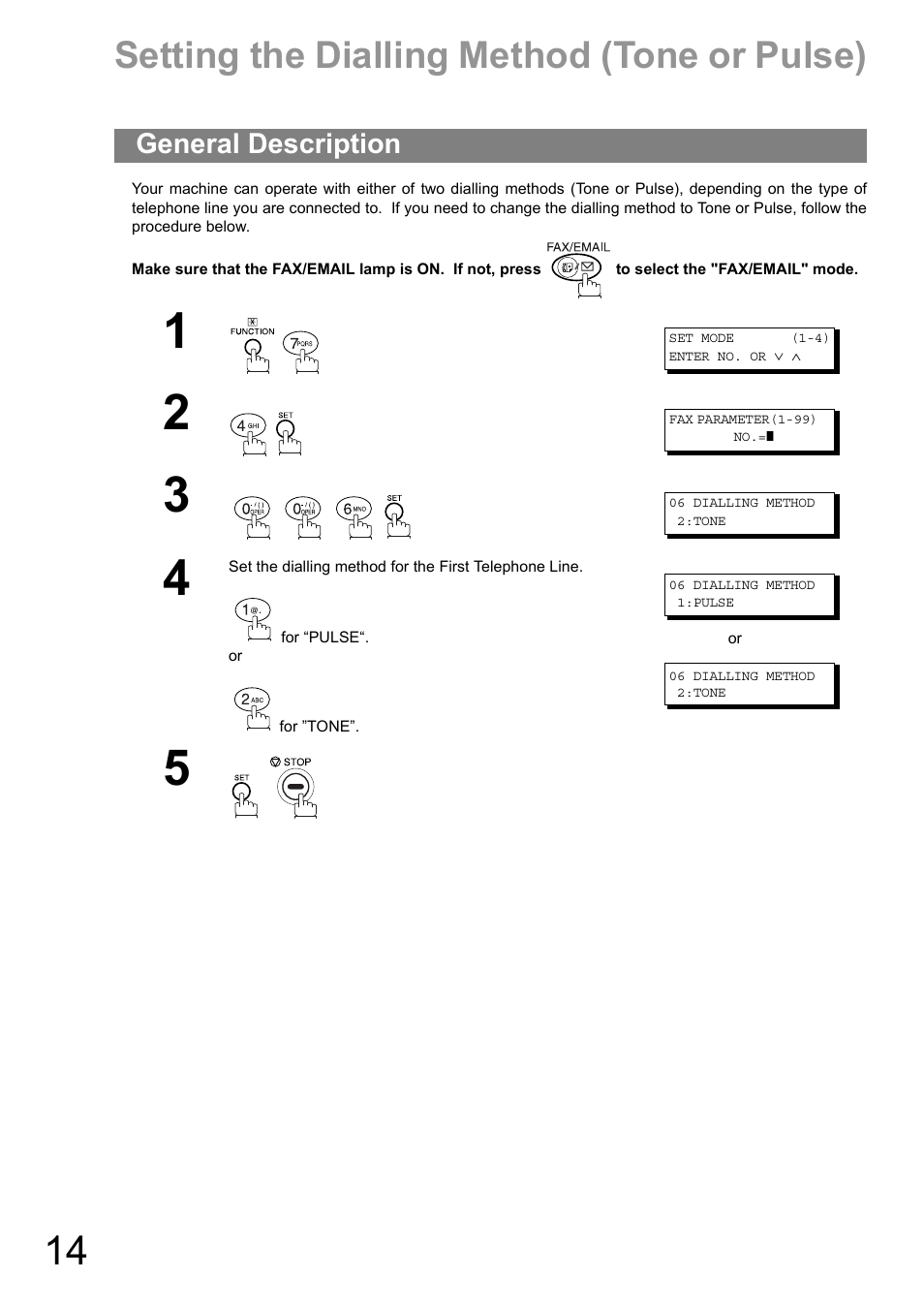 Installing your machine, Dialling method (tone or pulse), General description | Setting the dialling method (tone or pulse) | Panasonic DIGITAL IMAGING SYSTEM DP-1810F User Manual | Page 14 / 155
