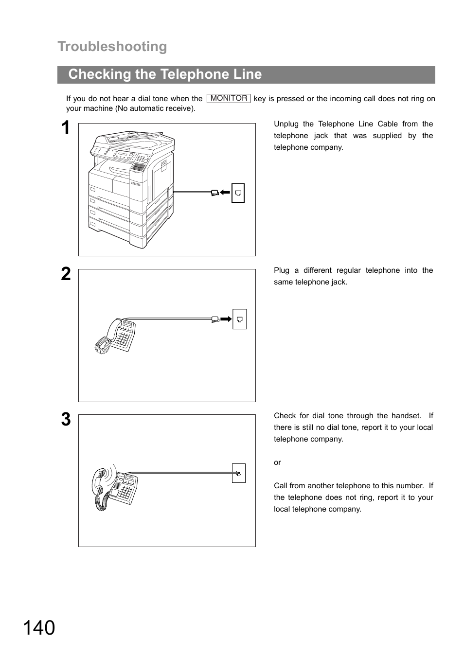 Checking the telephone line, Troubleshooting | Panasonic DIGITAL IMAGING SYSTEM DP-1810F User Manual | Page 140 / 155