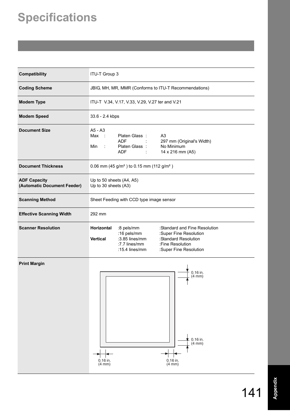 Appendix, Specifications | Panasonic DIGITAL IMAGING SYSTEM DP-1810F User Manual | Page 141 / 155