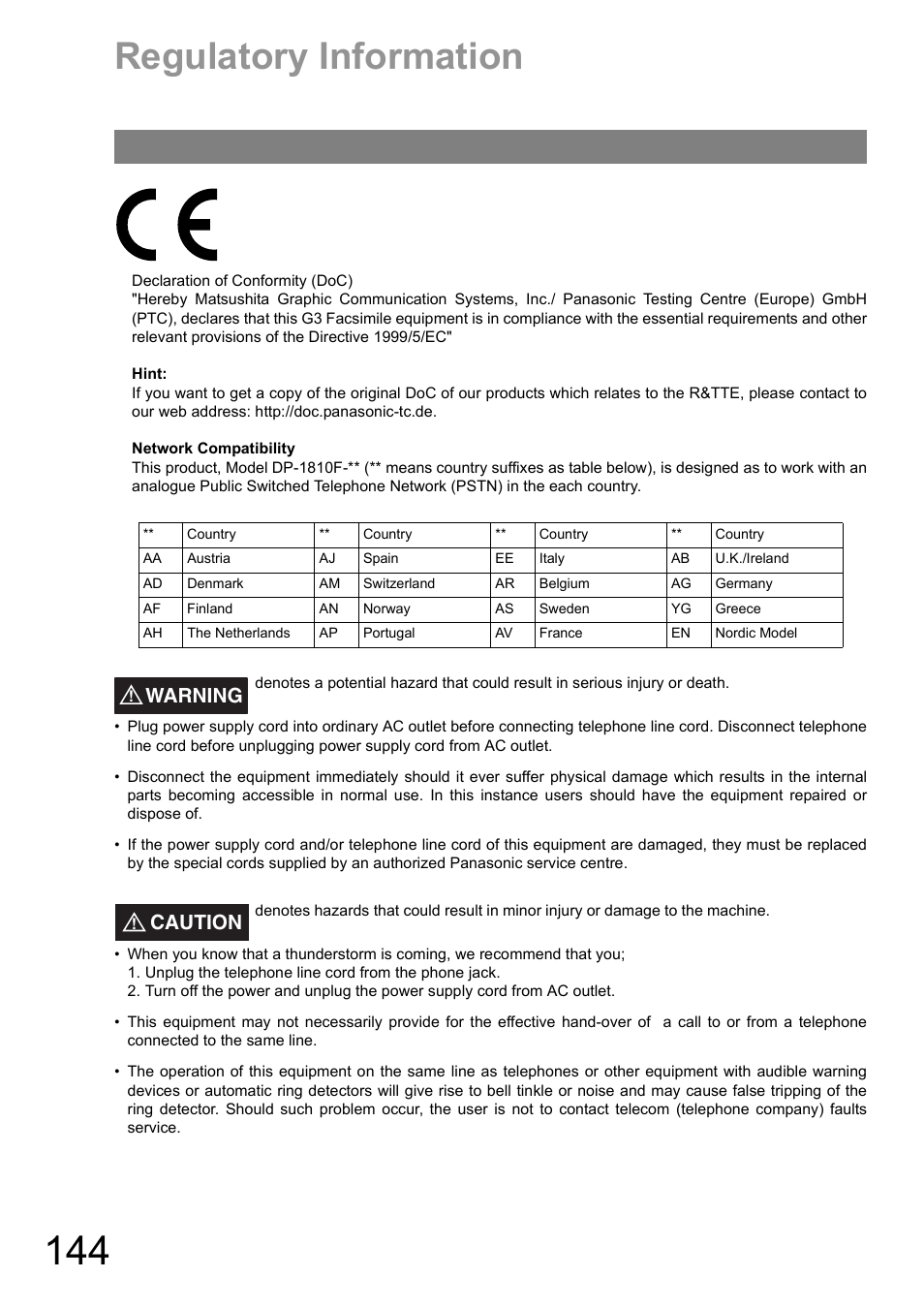 Regulatory information, Warning, Caution | Panasonic DIGITAL IMAGING SYSTEM DP-1810F User Manual | Page 144 / 155