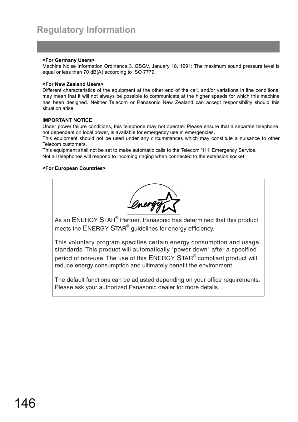 Regulatory information | Panasonic DIGITAL IMAGING SYSTEM DP-1810F User Manual | Page 146 / 155