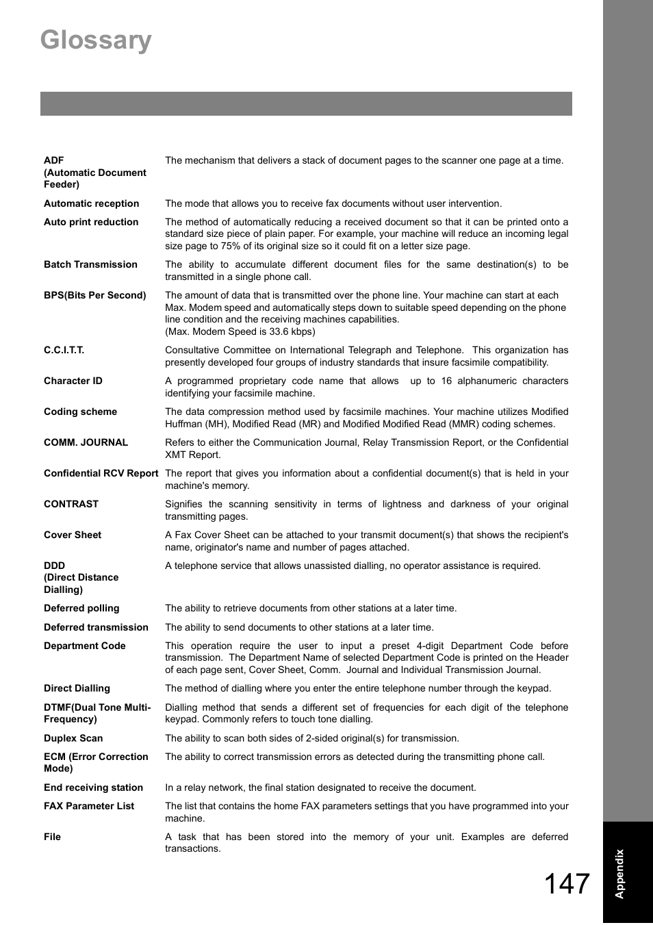 Glossary | Panasonic DIGITAL IMAGING SYSTEM DP-1810F User Manual | Page 147 / 155