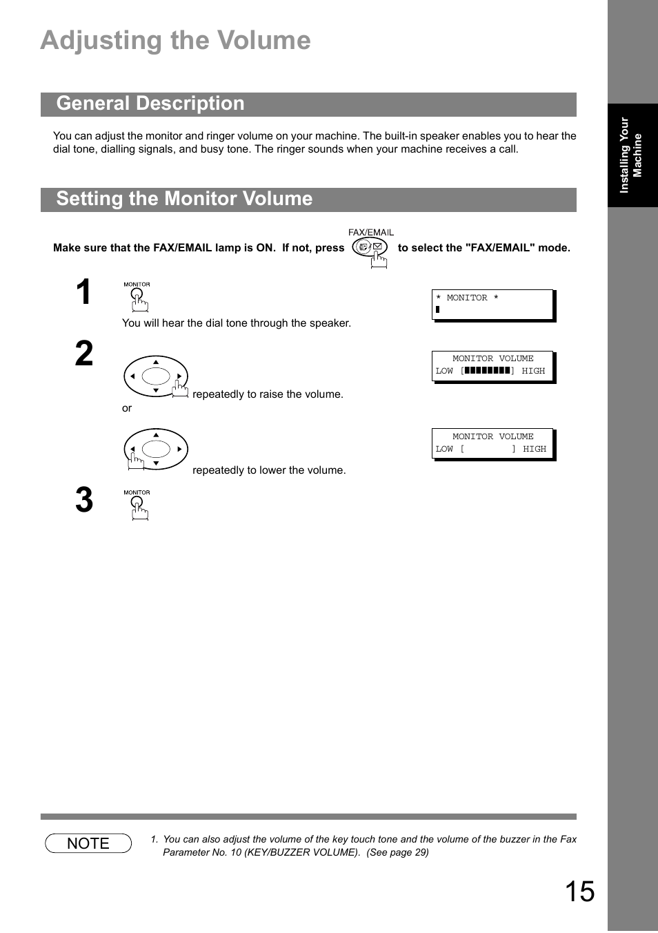 Adjusting the volume, General description, Setting the monitor volume | General description setting the monitor volume | Panasonic DIGITAL IMAGING SYSTEM DP-1810F User Manual | Page 15 / 155