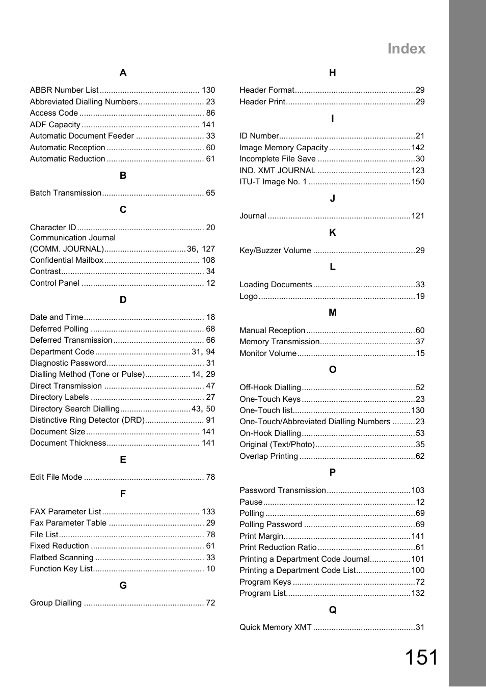 Index | Panasonic DIGITAL IMAGING SYSTEM DP-1810F User Manual | Page 151 / 155