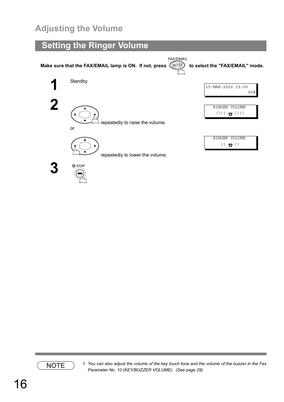 Setting the ringer volume, Adjusting the volume | Panasonic DIGITAL IMAGING SYSTEM DP-1810F User Manual | Page 16 / 155