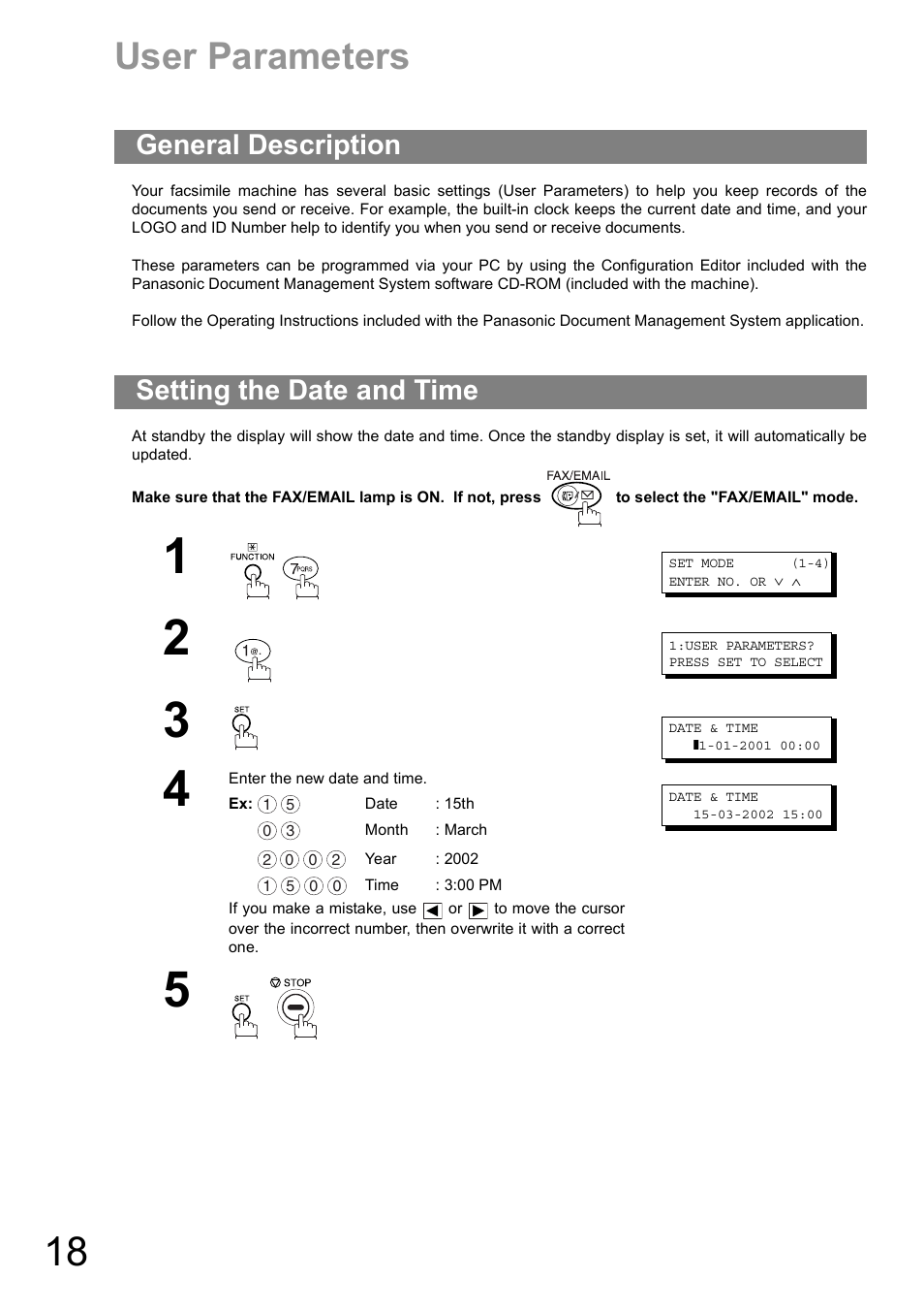 User parameters, General description, Setting the date and time | General description setting the date and time | Panasonic DIGITAL IMAGING SYSTEM DP-1810F User Manual | Page 18 / 155
