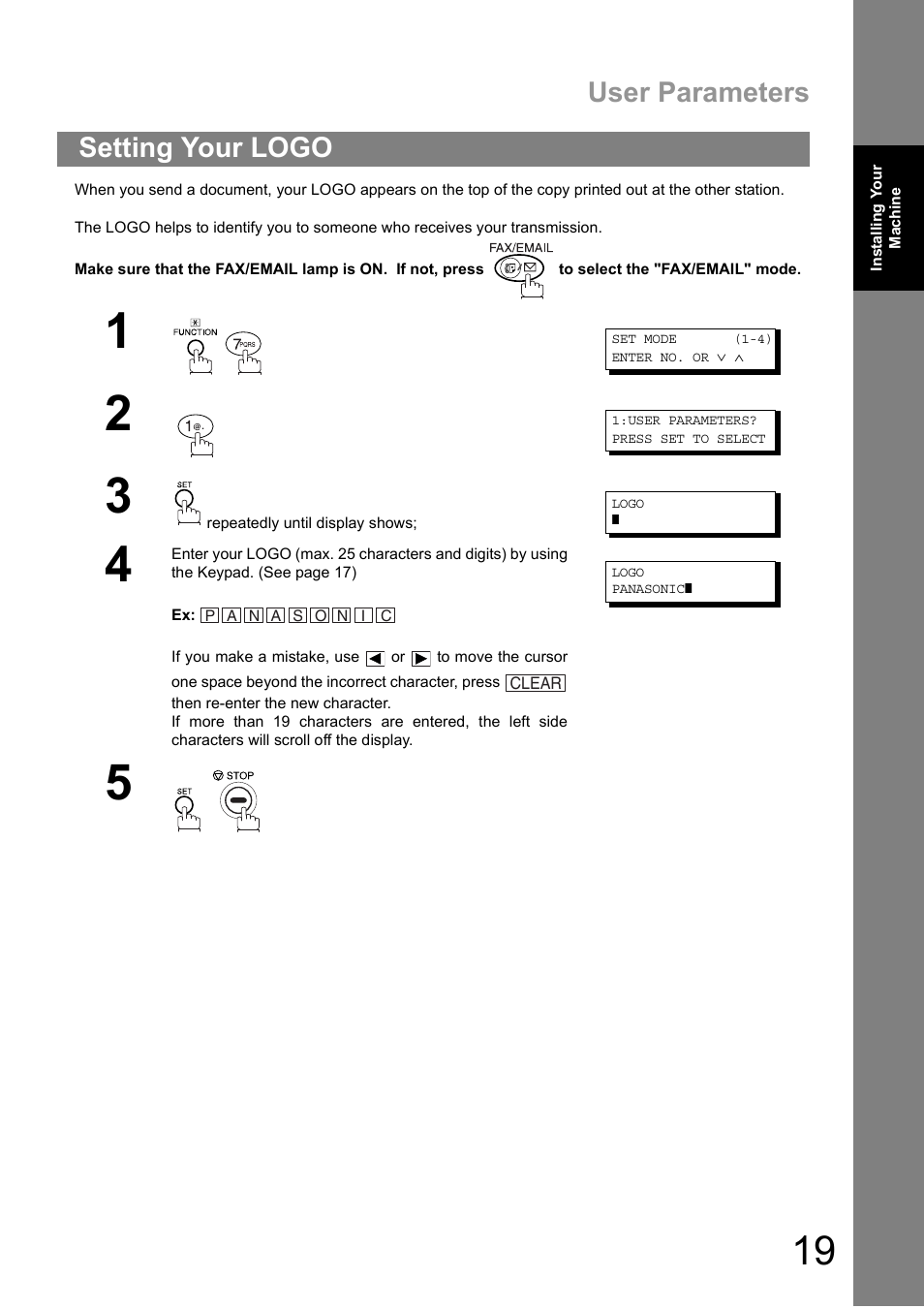 Setting your logo, User parameters | Panasonic DIGITAL IMAGING SYSTEM DP-1810F User Manual | Page 19 / 155
