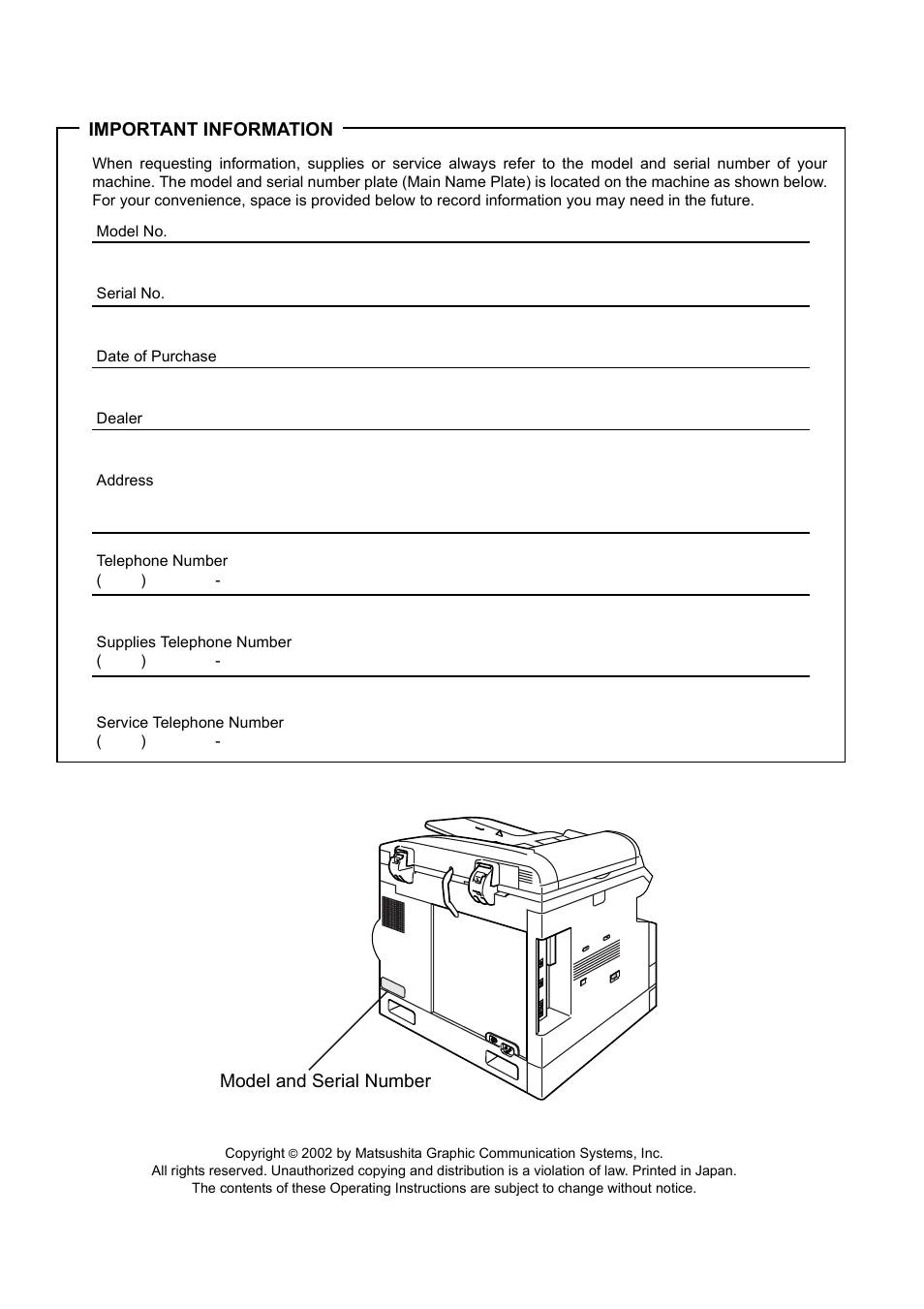 Important information, Model and serial number | Panasonic DIGITAL IMAGING SYSTEM DP-1810F User Manual | Page 2 / 155