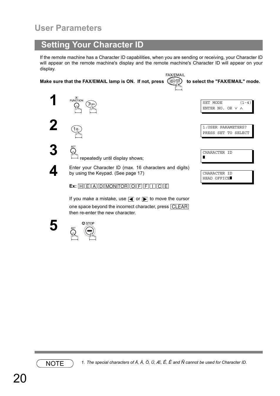 Setting your character id, User parameters | Panasonic DIGITAL IMAGING SYSTEM DP-1810F User Manual | Page 20 / 155