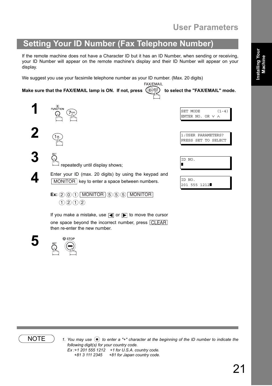 Setting your id number (fax telephone number), User parameters | Panasonic DIGITAL IMAGING SYSTEM DP-1810F User Manual | Page 21 / 155
