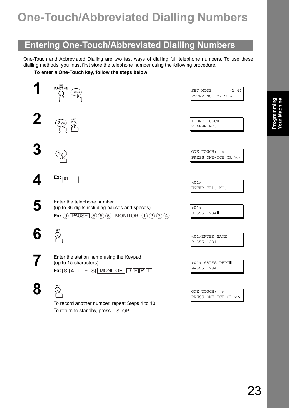 Programming your machine, One-touch/abbreviated dialling numbers, Entering one-touch/abbreviated dialling numbers | Panasonic DIGITAL IMAGING SYSTEM DP-1810F User Manual | Page 23 / 155