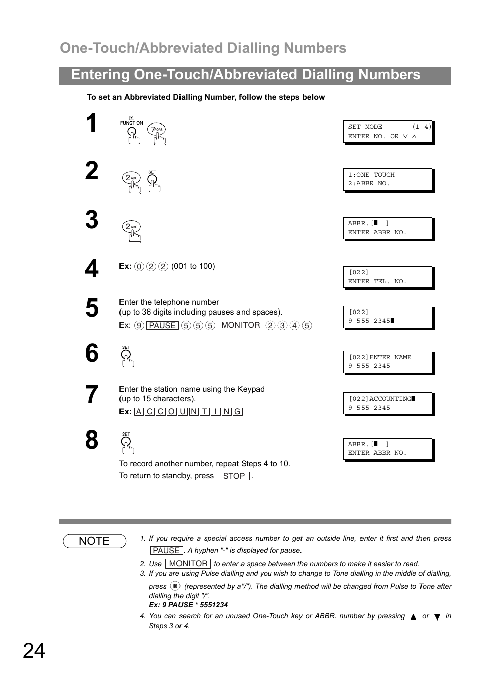 One-touch/abbreviated dialling numbers, Entering one-touch/abbreviated dialling numbers | Panasonic DIGITAL IMAGING SYSTEM DP-1810F User Manual | Page 24 / 155