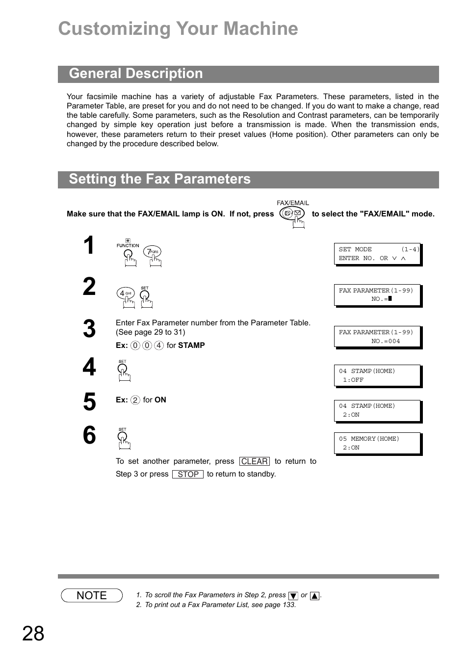 Customizing your machine, General description, Setting the fax parameters | General description setting the fax parameters | Panasonic DIGITAL IMAGING SYSTEM DP-1810F User Manual | Page 28 / 155