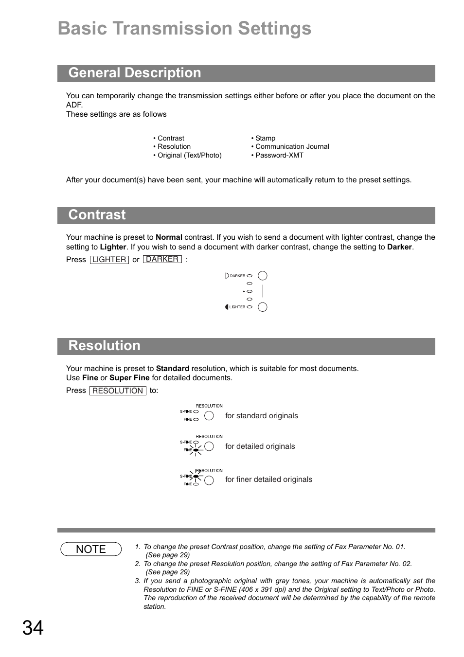 Basic transmission settings, General description, Contrast | Resolution, Contrast resolution | Panasonic DIGITAL IMAGING SYSTEM DP-1810F User Manual | Page 34 / 155