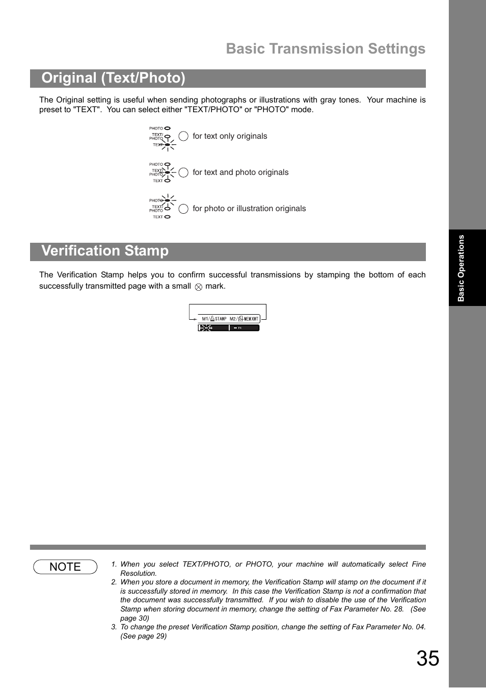 Original (text/photo), Verification stamp, Basic transmission settings | Original (text/photo) verification stamp | Panasonic DIGITAL IMAGING SYSTEM DP-1810F User Manual | Page 35 / 155