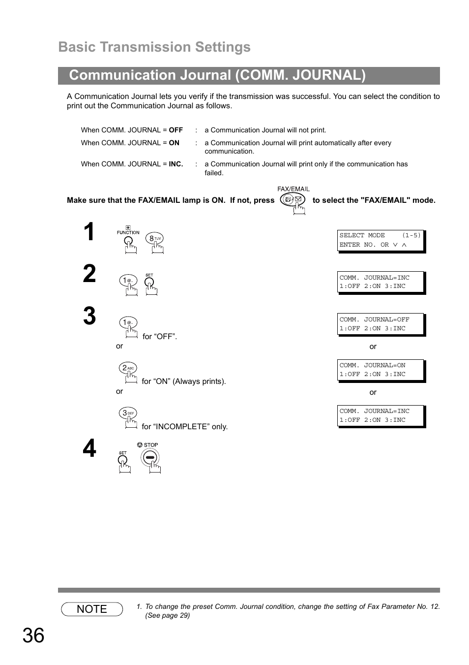 Communication journal (comm. journal), Access code, Basic transmission settings | Panasonic DIGITAL IMAGING SYSTEM DP-1810F User Manual | Page 36 / 155