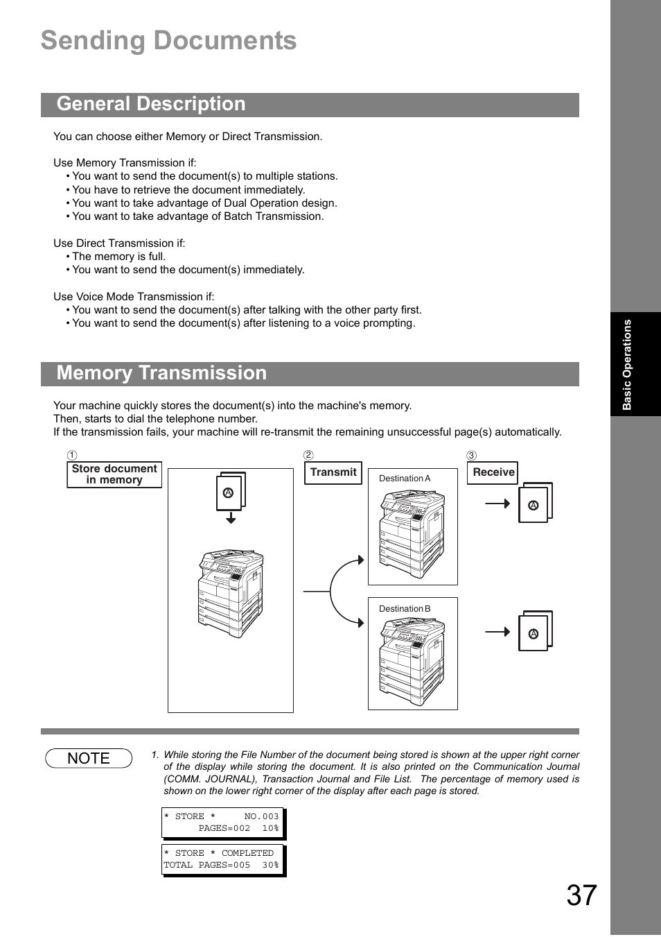 Sending documents, General description, Memory transmission | Panasonic DIGITAL IMAGING SYSTEM DP-1810F User Manual | Page 37 / 155