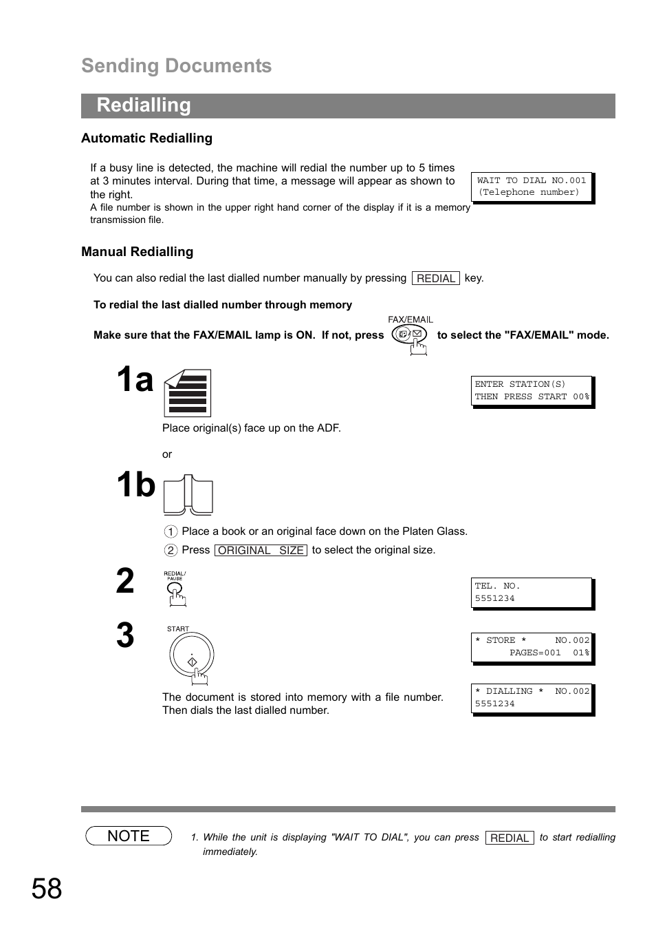 Redialling, Sending documents | Panasonic DIGITAL IMAGING SYSTEM DP-1810F User Manual | Page 58 / 155