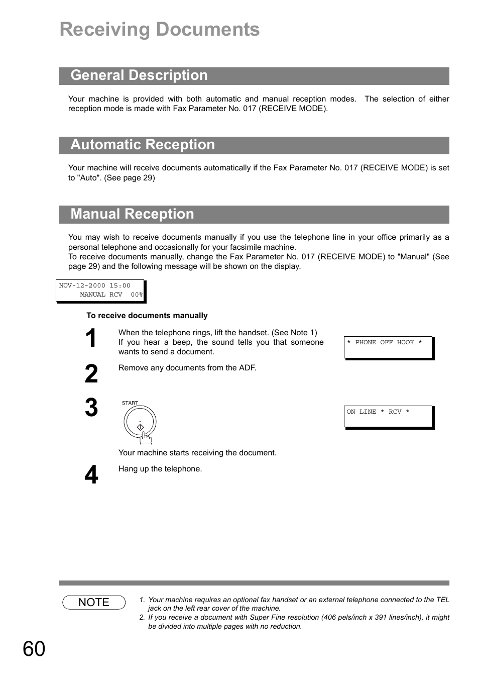 Receiving documents, General description, Automatic reception | Manual reception | Panasonic DIGITAL IMAGING SYSTEM DP-1810F User Manual | Page 60 / 155