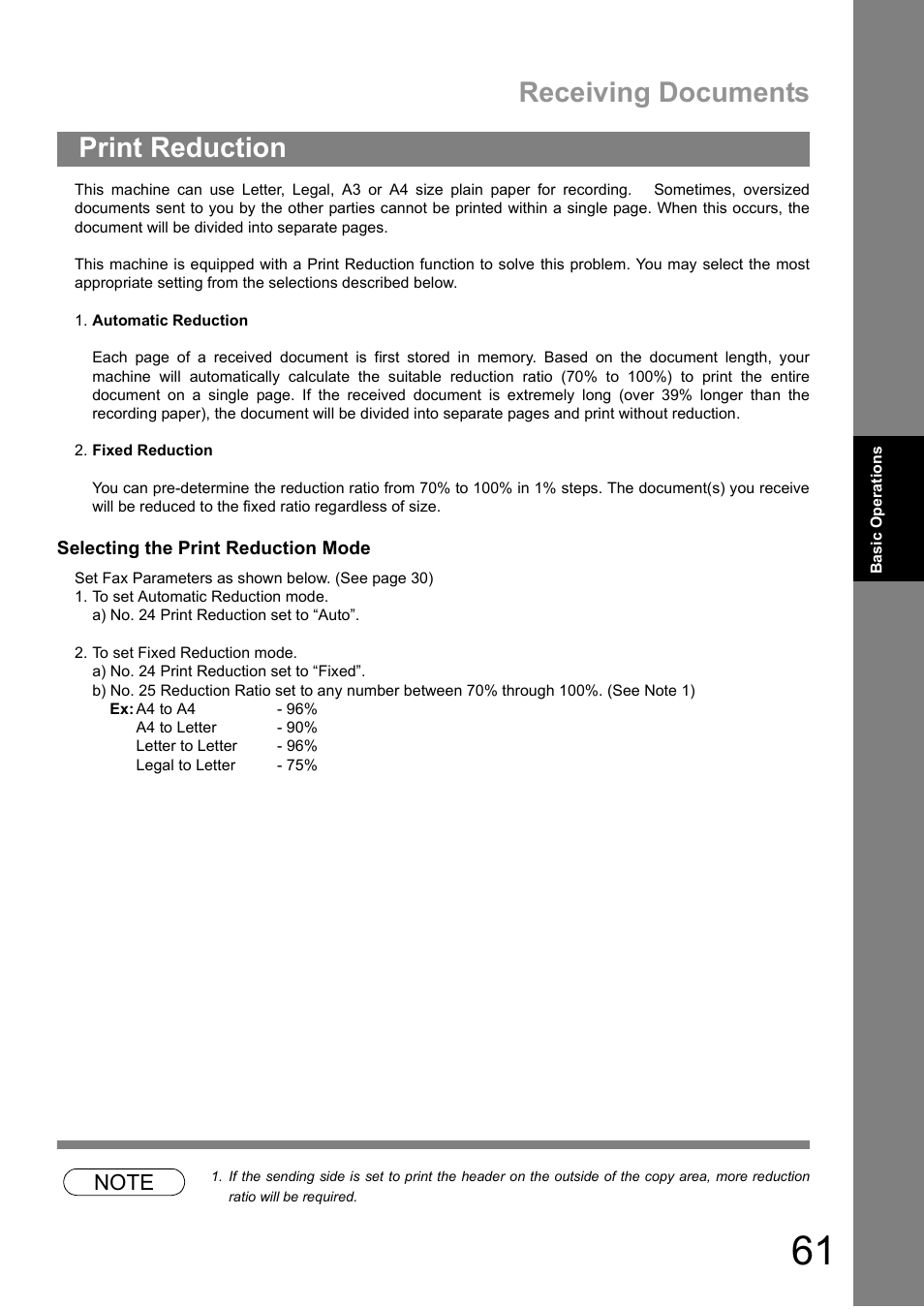 Print reduction, Receiving documents | Panasonic DIGITAL IMAGING SYSTEM DP-1810F User Manual | Page 61 / 155