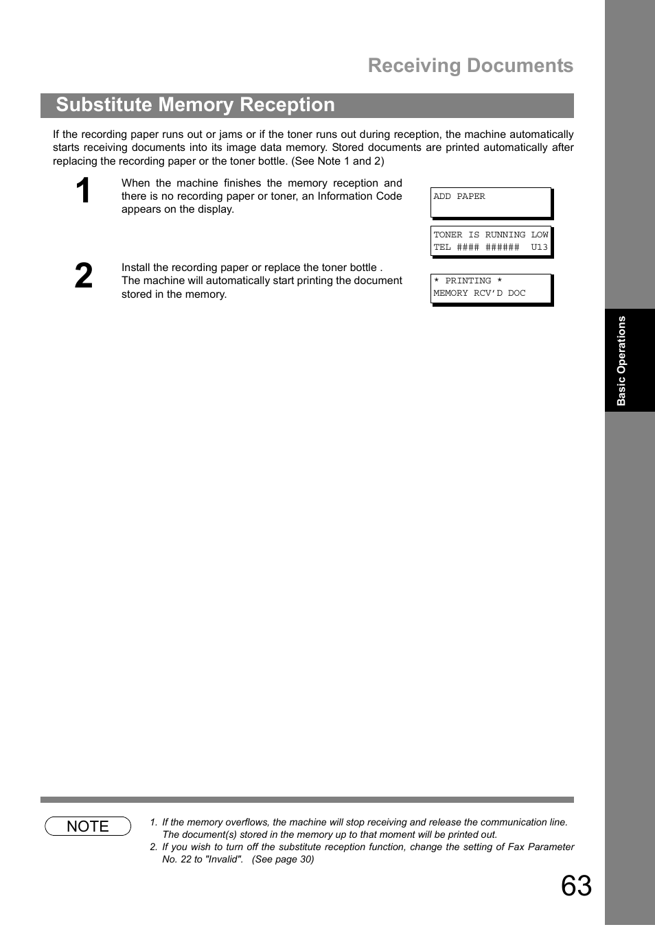 Substitute memory reception, Receiving documents | Panasonic DIGITAL IMAGING SYSTEM DP-1810F User Manual | Page 63 / 155