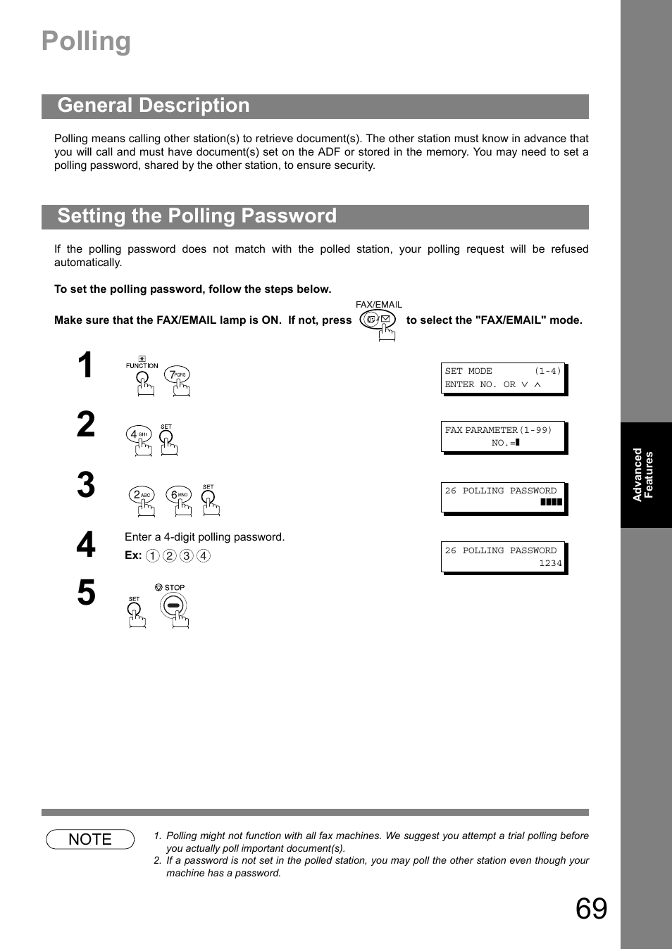 Polling, General description, Setting the polling password | General description setting the polling password | Panasonic DIGITAL IMAGING SYSTEM DP-1810F User Manual | Page 69 / 155