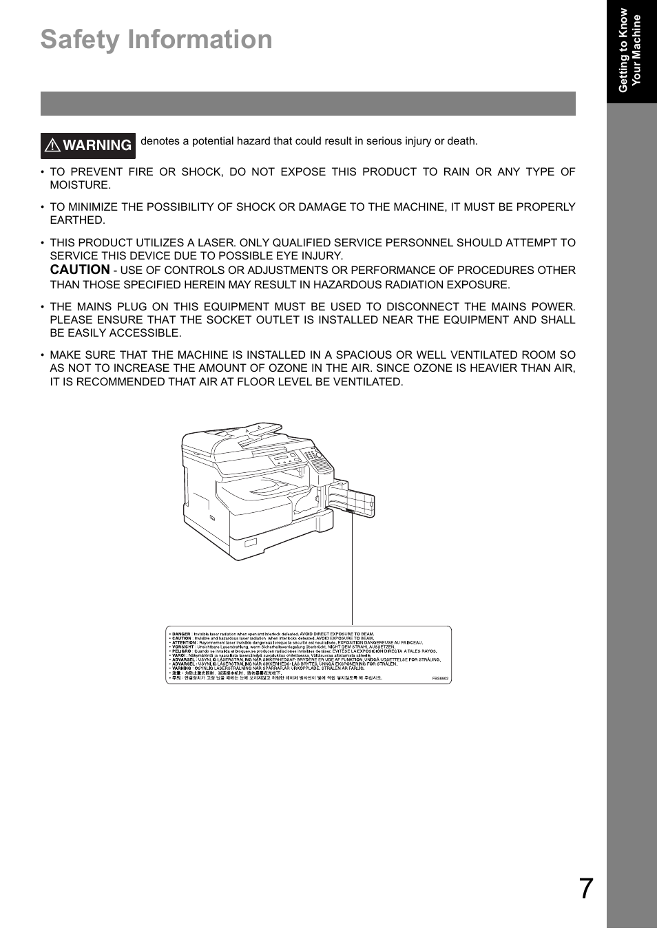 Getting to know your machine, Safety information | Panasonic DIGITAL IMAGING SYSTEM DP-1810F User Manual | Page 7 / 155