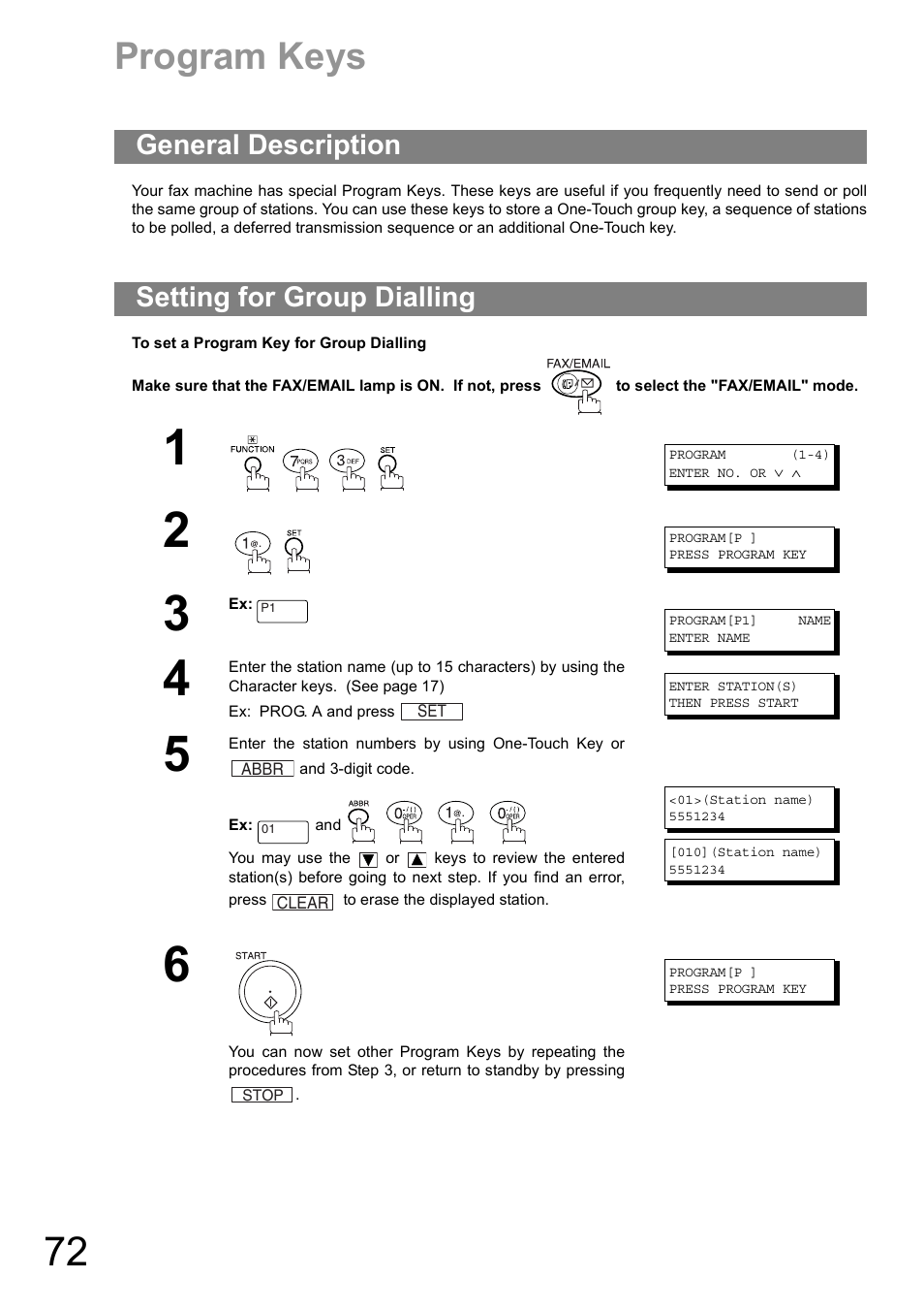 Program keys, General description, Setting for group dialling | General description setting for group dialling | Panasonic DIGITAL IMAGING SYSTEM DP-1810F User Manual | Page 72 / 155
