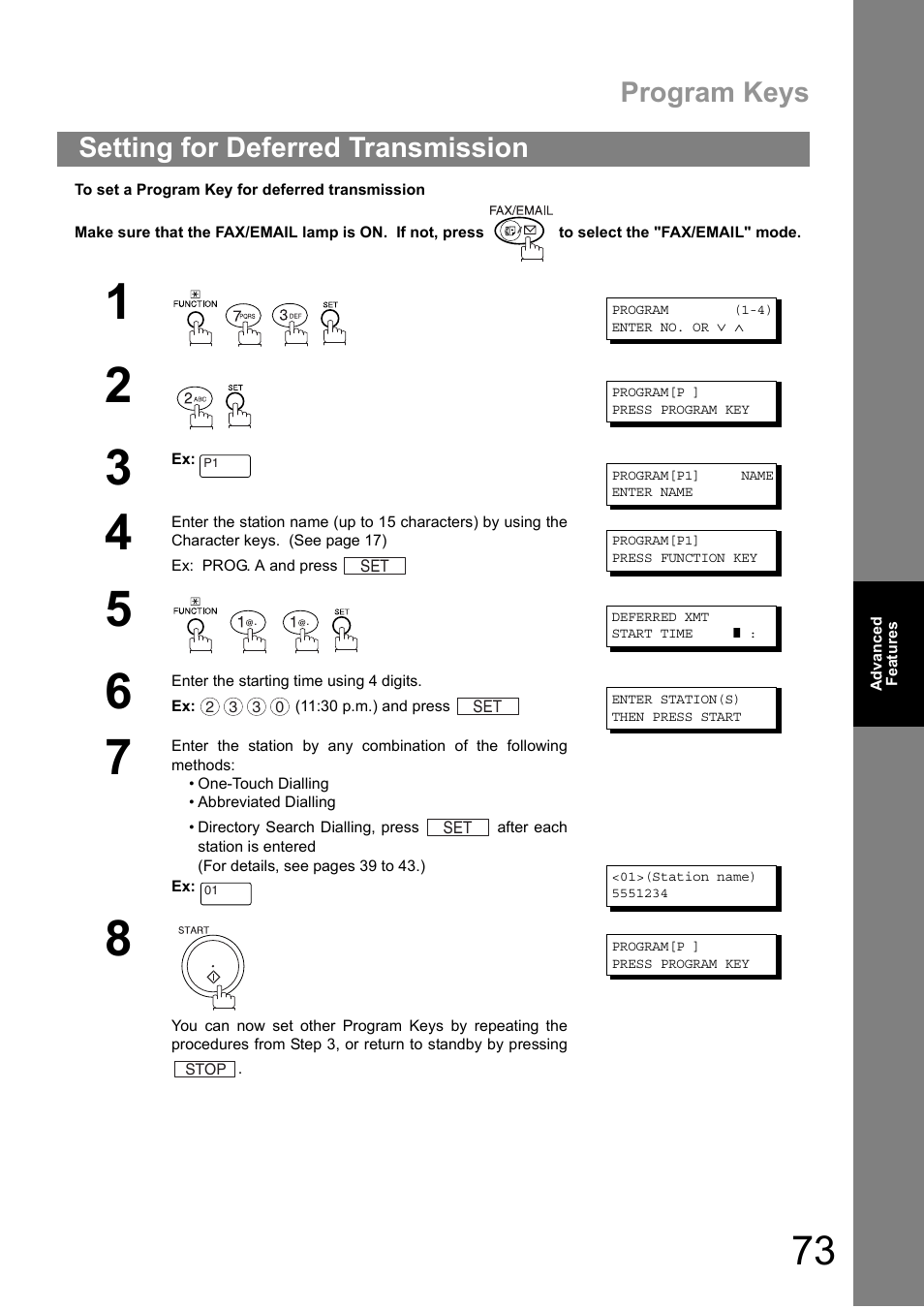 Setting for deferred transmission, Program keys | Panasonic DIGITAL IMAGING SYSTEM DP-1810F User Manual | Page 73 / 155