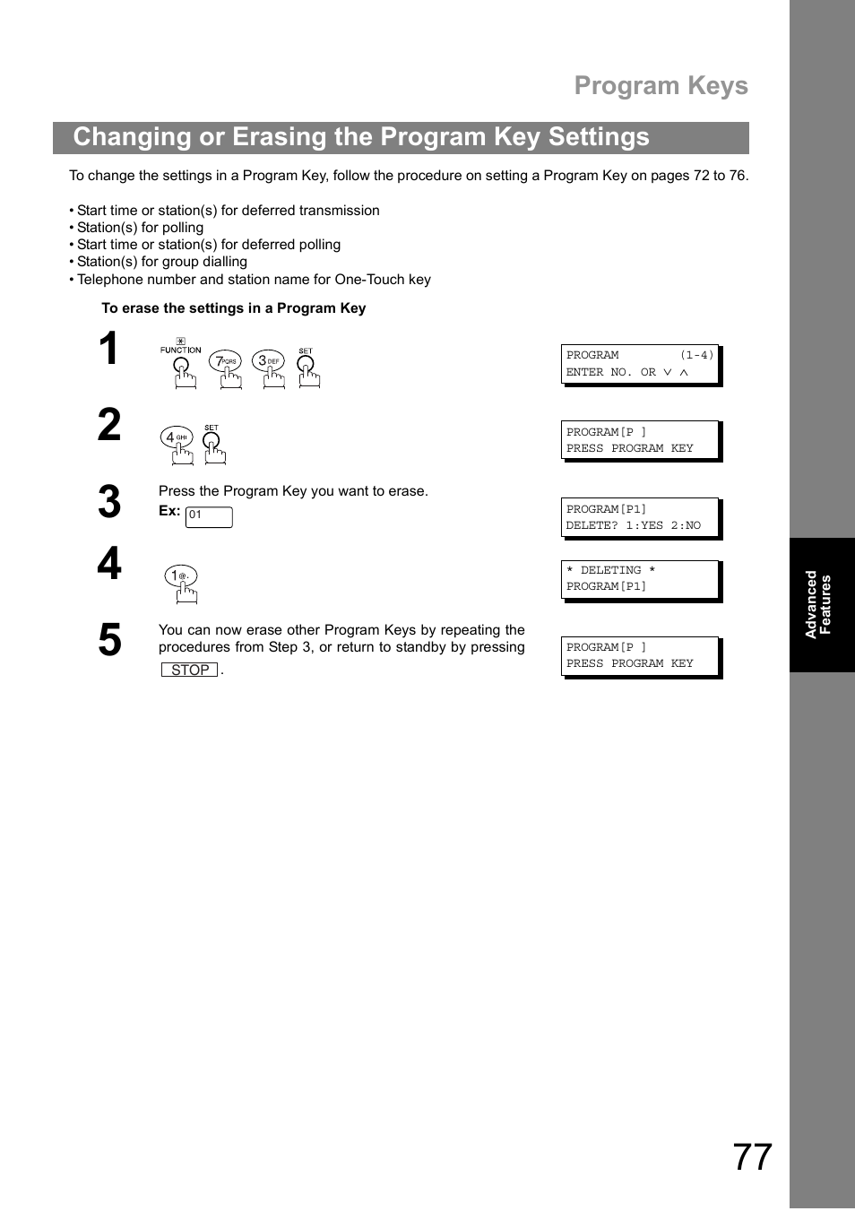 Changing or erasing the program key settings, Program keys | Panasonic DIGITAL IMAGING SYSTEM DP-1810F User Manual | Page 77 / 155