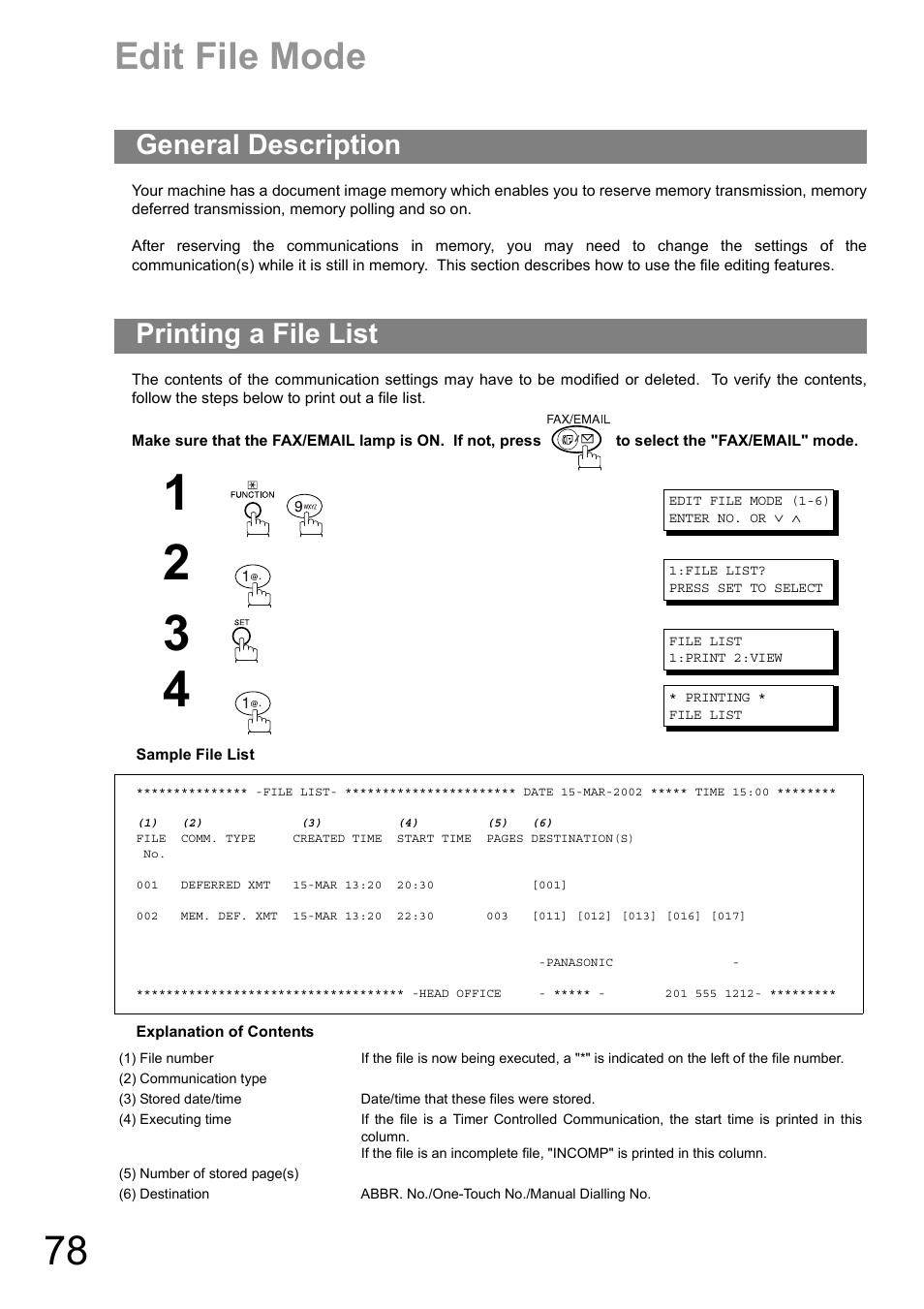 Edit file mode, General description, Printing a file list | General description printing a file list | Panasonic DIGITAL IMAGING SYSTEM DP-1810F User Manual | Page 78 / 155