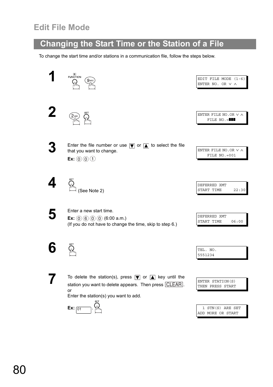 Changing the start time or the station of a file, Ge 80 a, Edit file mode | Panasonic DIGITAL IMAGING SYSTEM DP-1810F User Manual | Page 80 / 155