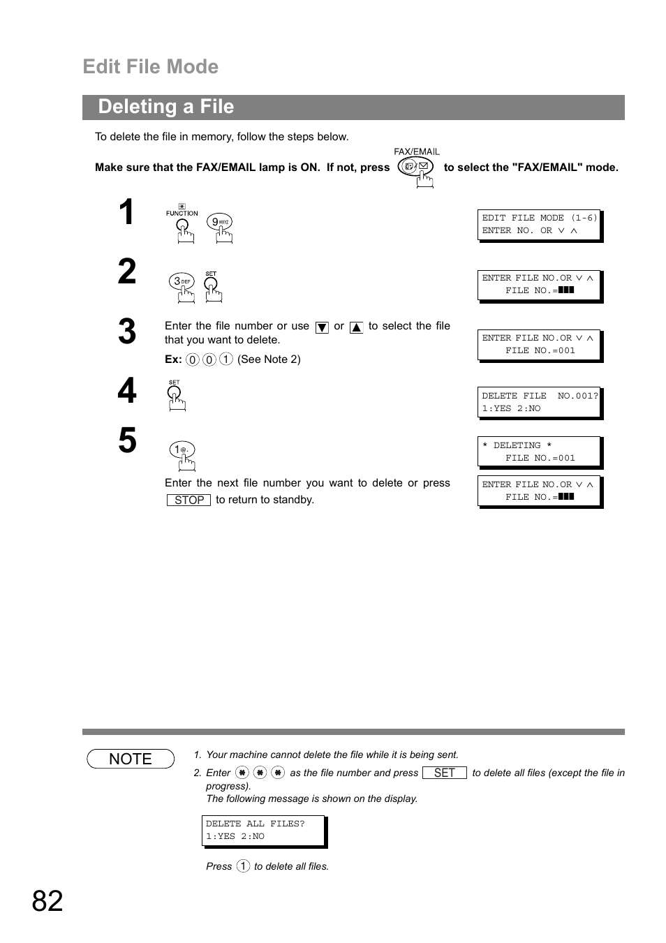 Deleting a file, Edit file mode | Panasonic DIGITAL IMAGING SYSTEM DP-1810F User Manual | Page 82 / 155