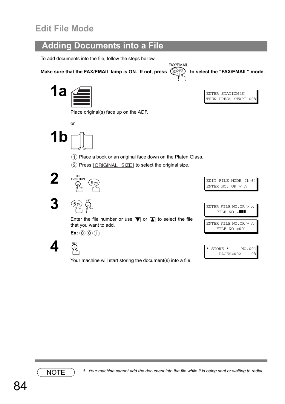 Adding documents into a file, Edit file mode | Panasonic DIGITAL IMAGING SYSTEM DP-1810F User Manual | Page 84 / 155