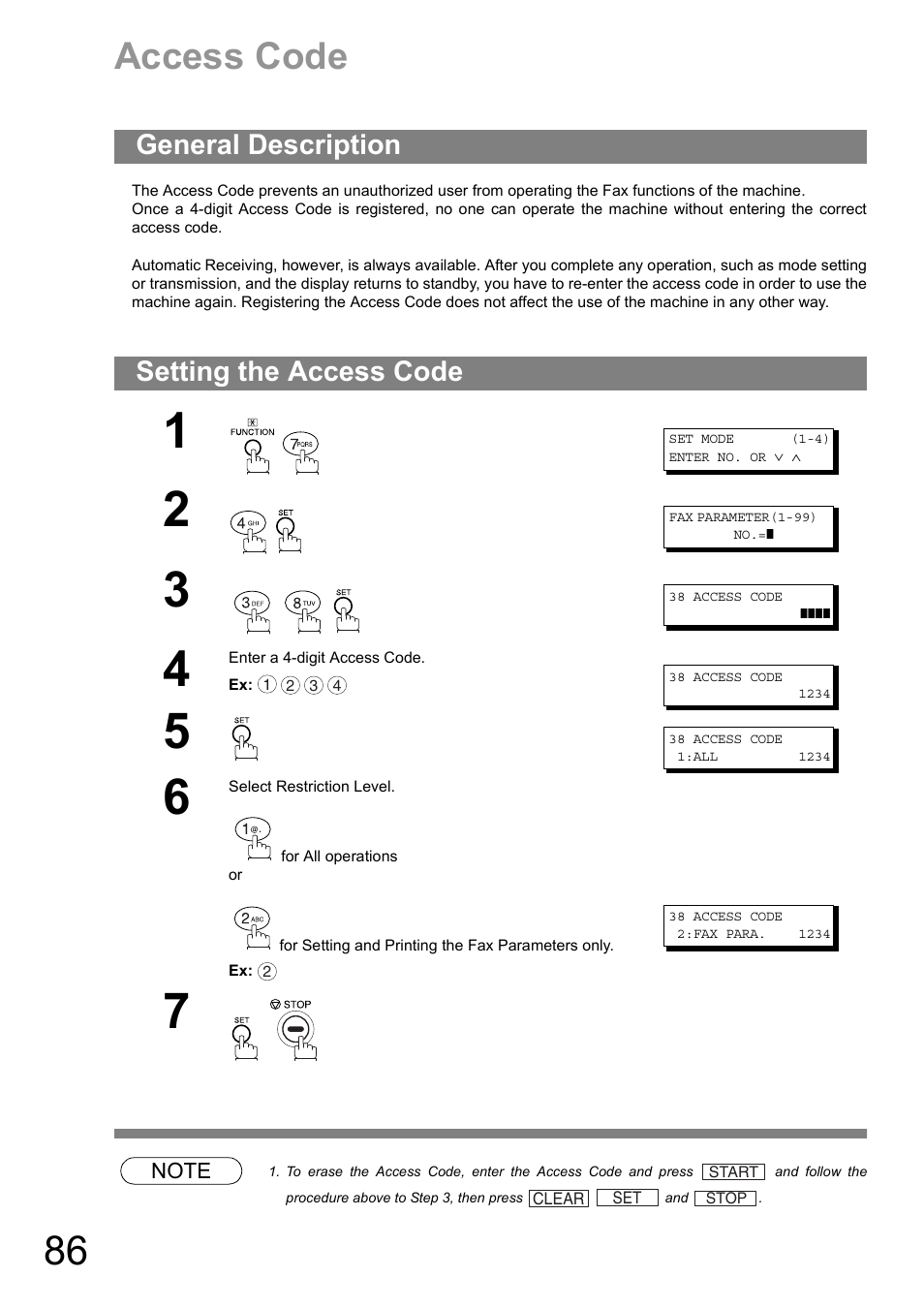 Access code, General description, Setting the access code | General description setting the access code | Panasonic DIGITAL IMAGING SYSTEM DP-1810F User Manual | Page 86 / 155