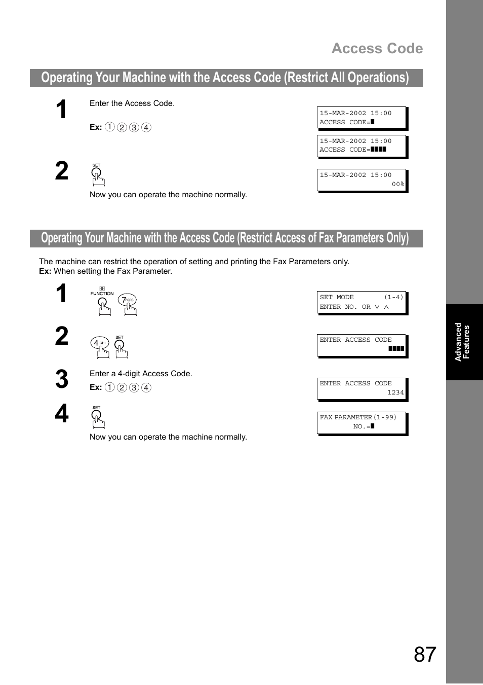 Fax parameter list, Access code | Panasonic DIGITAL IMAGING SYSTEM DP-1810F User Manual | Page 87 / 155