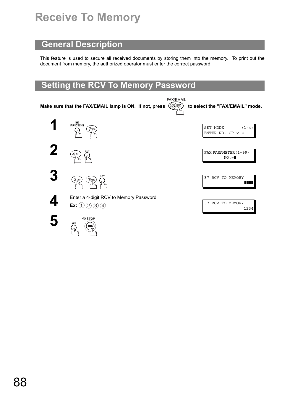 Receive to memory, General description, Setting the rcv to memory password | Panasonic DIGITAL IMAGING SYSTEM DP-1810F User Manual | Page 88 / 155