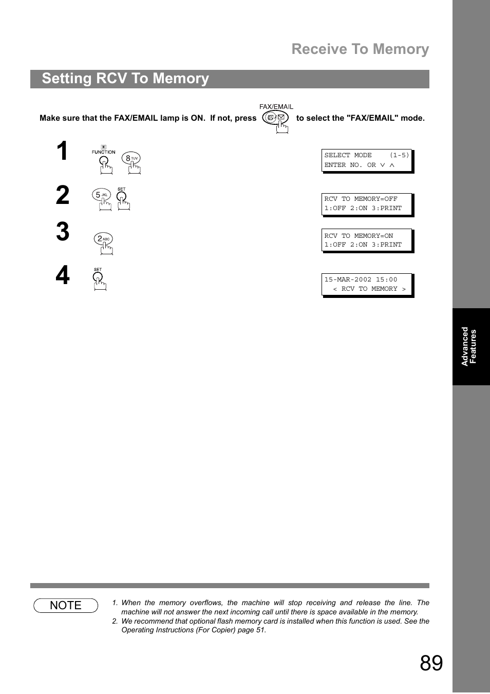 Setting rcv to memory | Panasonic DIGITAL IMAGING SYSTEM DP-1810F User Manual | Page 89 / 155