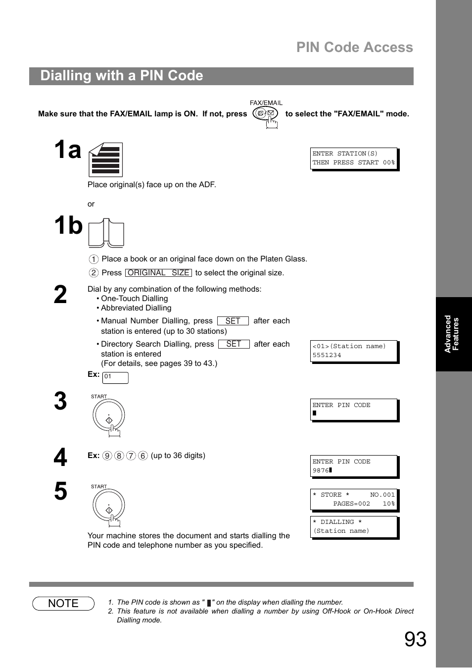 Dialling with a pin code, Pin code access | Panasonic DIGITAL IMAGING SYSTEM DP-1810F User Manual | Page 93 / 155