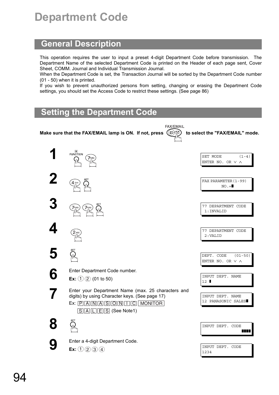 Department code, General description, Setting the department code | General description setting the department code | Panasonic DIGITAL IMAGING SYSTEM DP-1810F User Manual | Page 94 / 155