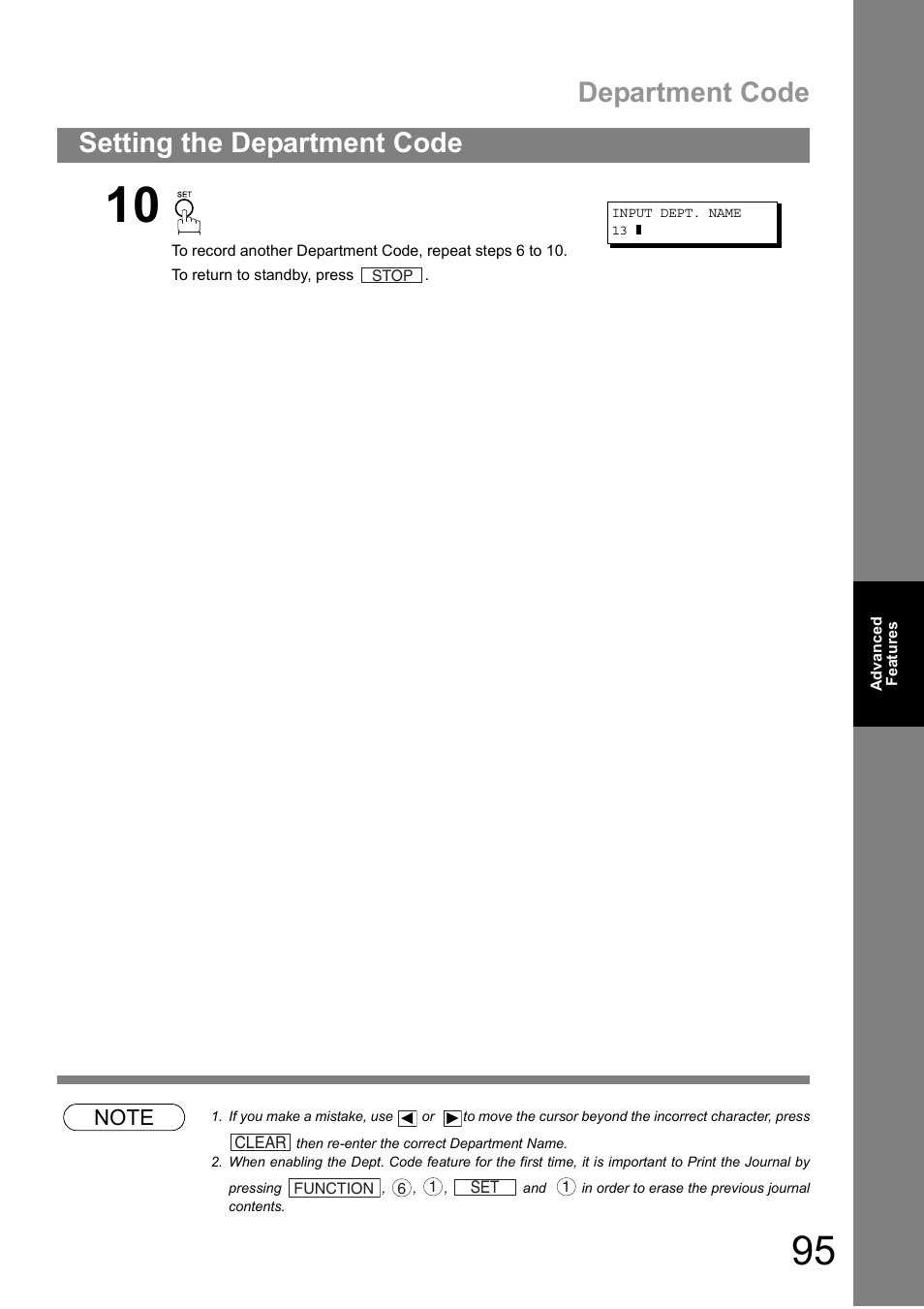 Department code, Setting the department code | Panasonic DIGITAL IMAGING SYSTEM DP-1810F User Manual | Page 95 / 155
