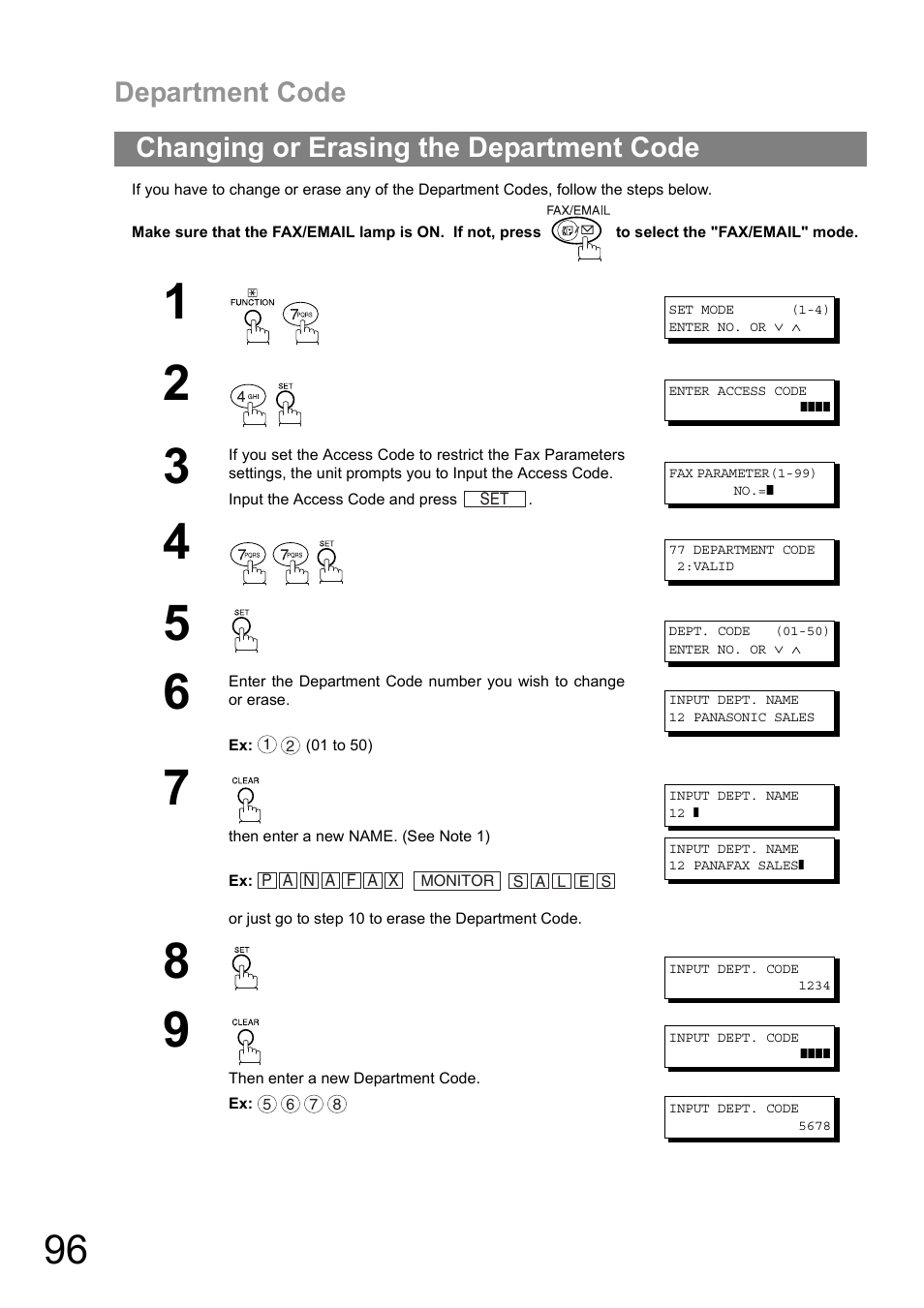 Changing or erasing the department code, Department code | Panasonic DIGITAL IMAGING SYSTEM DP-1810F User Manual | Page 96 / 155