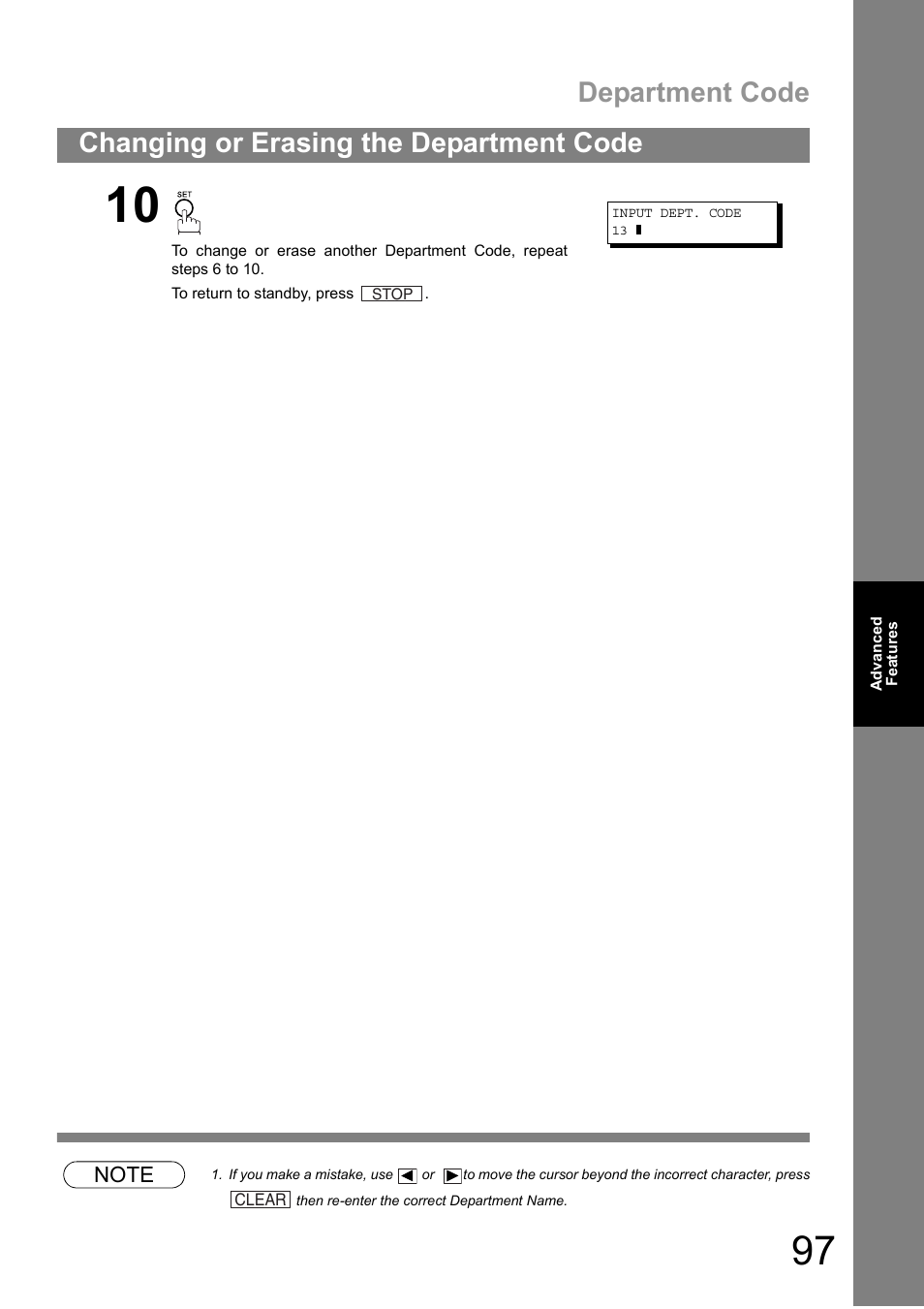 Department code, Changing or erasing the department code | Panasonic DIGITAL IMAGING SYSTEM DP-1810F User Manual | Page 97 / 155