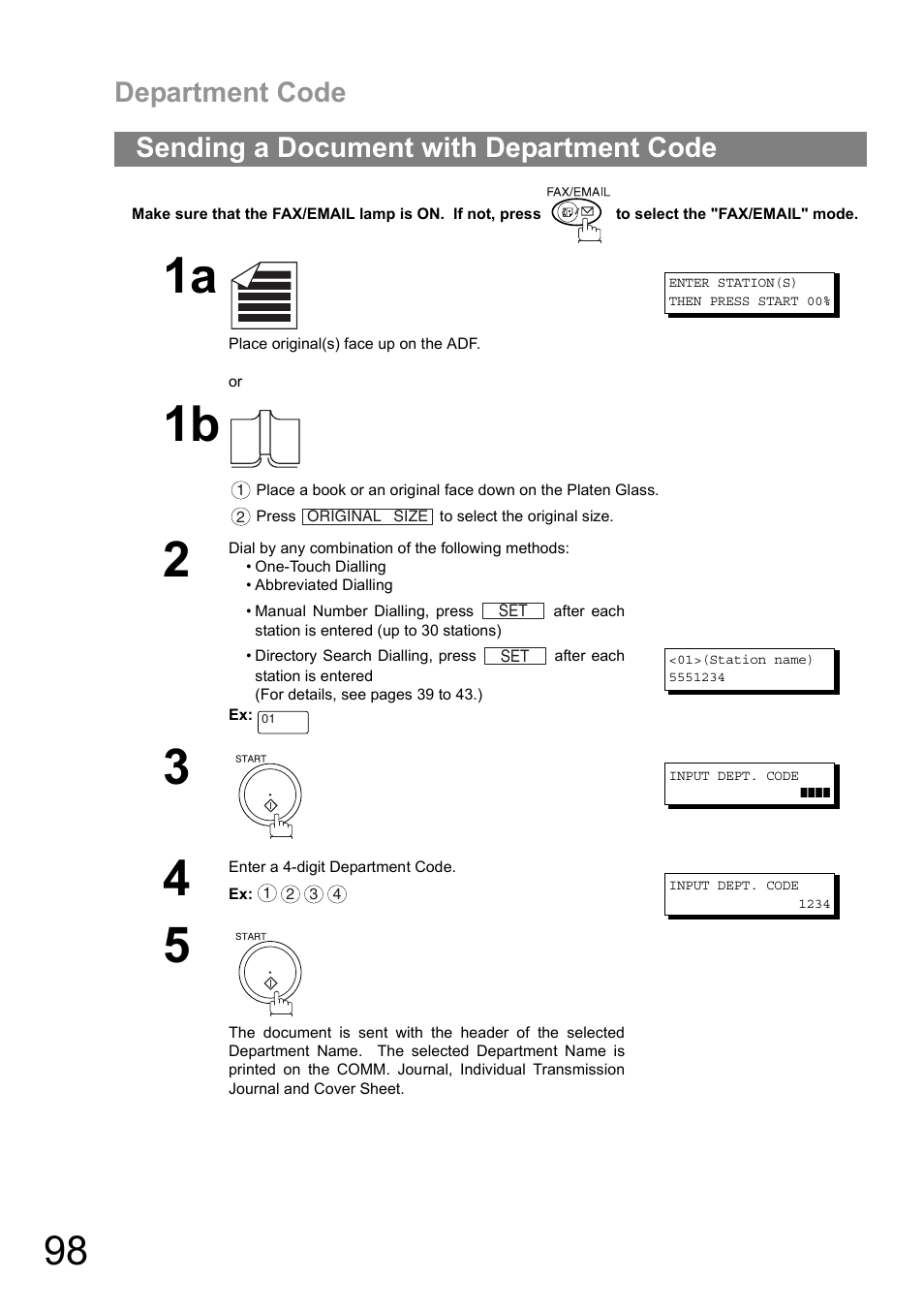 Sending a document with department code, Department code | Panasonic DIGITAL IMAGING SYSTEM DP-1810F User Manual | Page 98 / 155