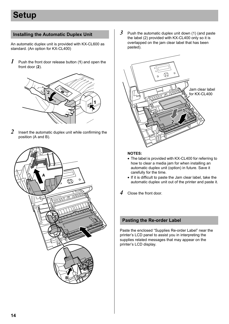 Installing the automatic duplex unit, Pasting the re-order label, Setup | Panasonic KX-CL400 User Manual | Page 14 / 24