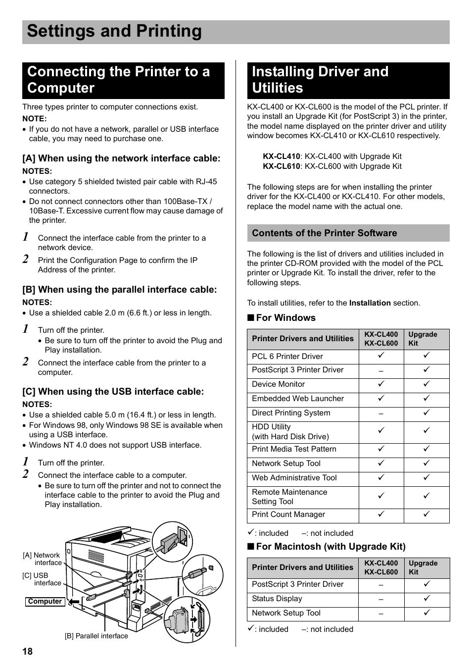 Connecting the printer to a computer, Installing driver and utilities, Contents of the printer software | Settings and printing | Panasonic KX-CL400 User Manual | Page 18 / 24