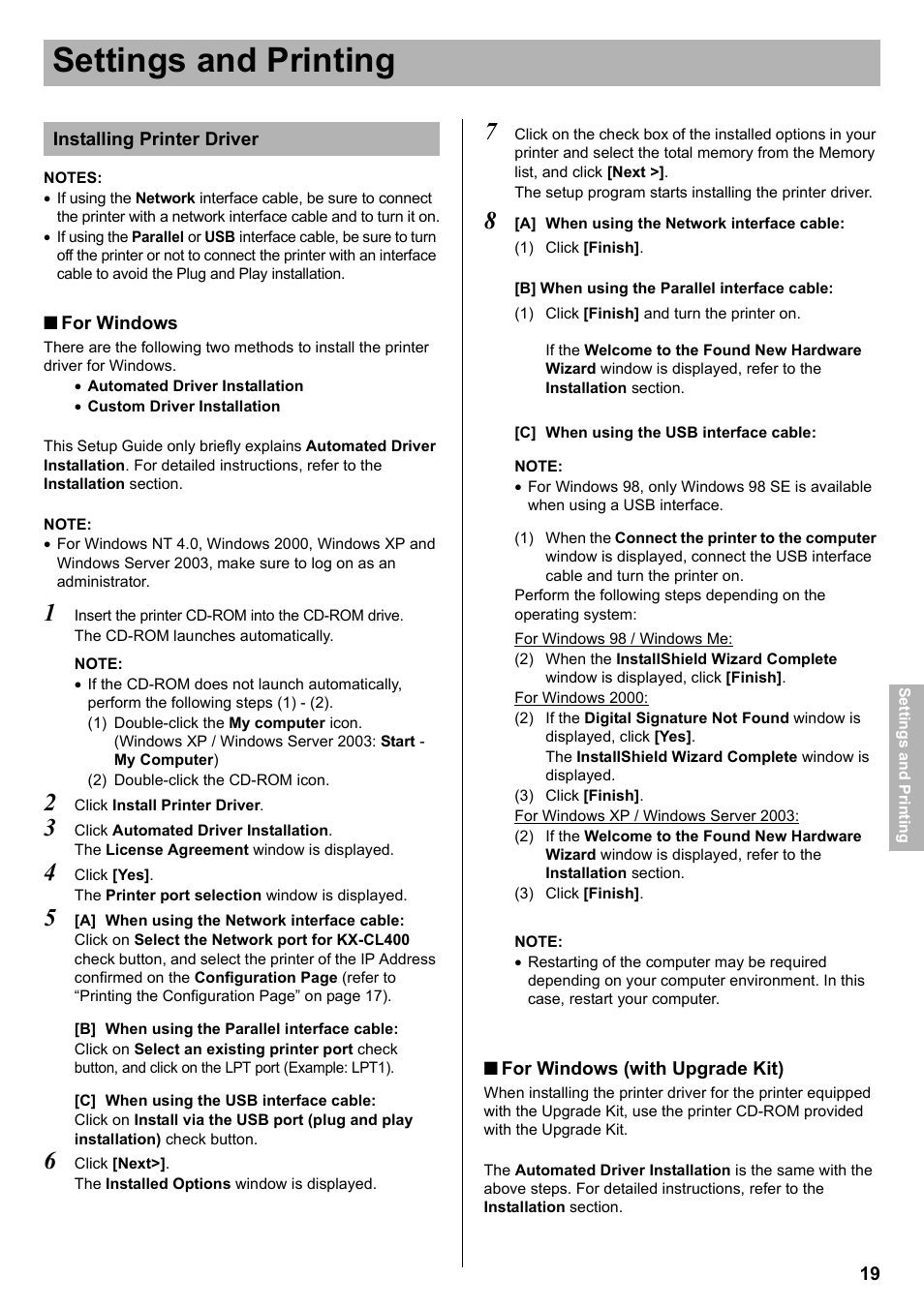 Installing printer driver, Settings and printing | Panasonic KX-CL400 User Manual | Page 19 / 24