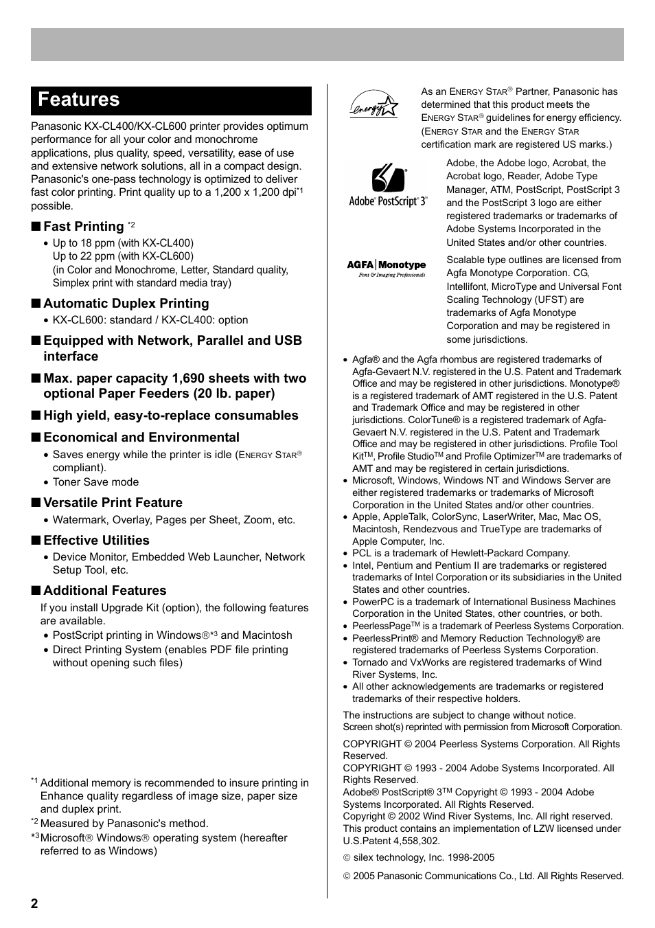 Features, Fast printing, Automatic duplex printing | Versatile print feature, Effective utilities, Additional features | Panasonic KX-CL400 User Manual | Page 2 / 24